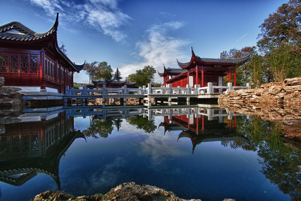 Japanese garden, pond and temple, 