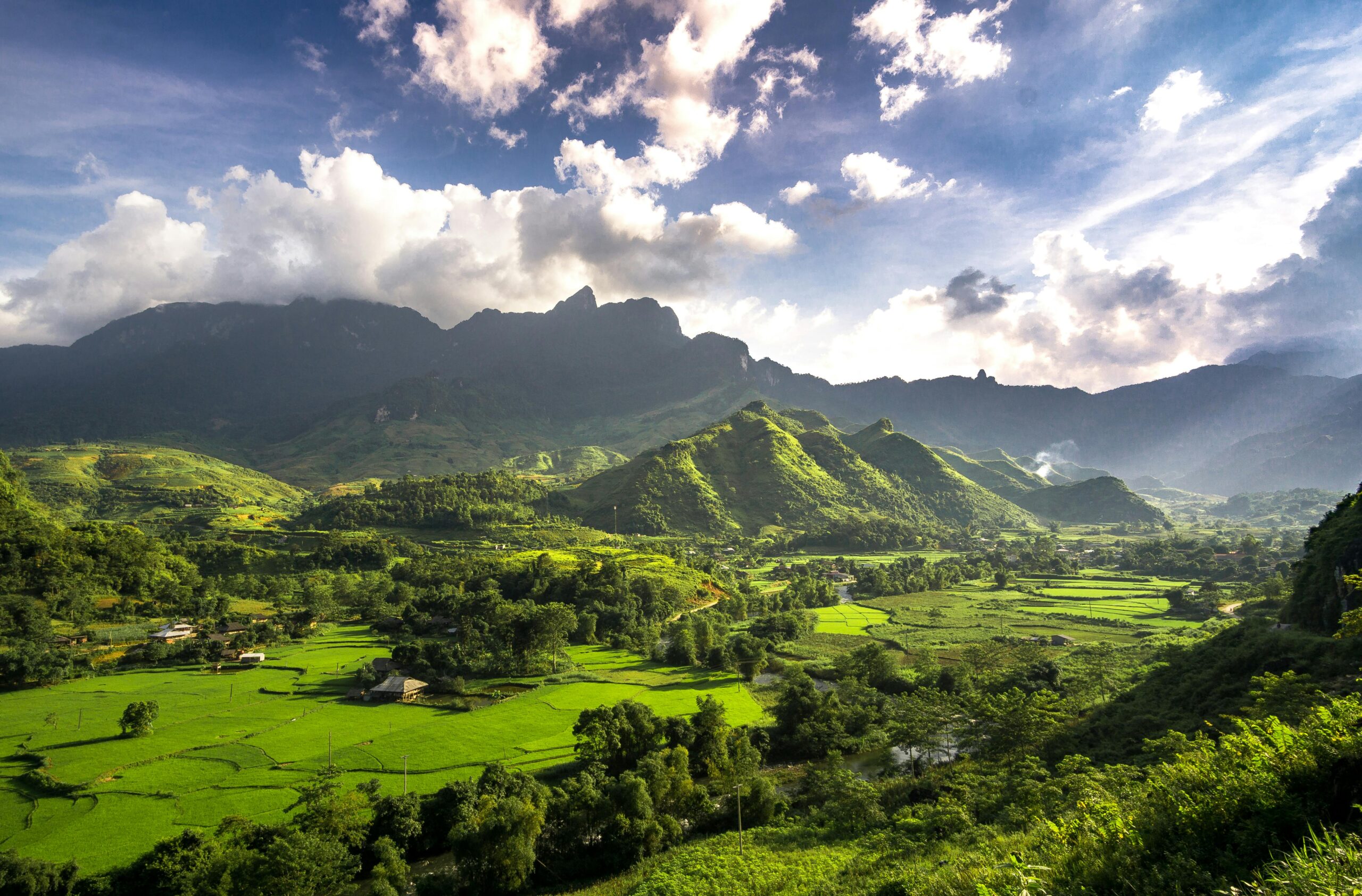 Green Field and Trees Under Cloudy Sky, Hà Giang, Vietnam, 