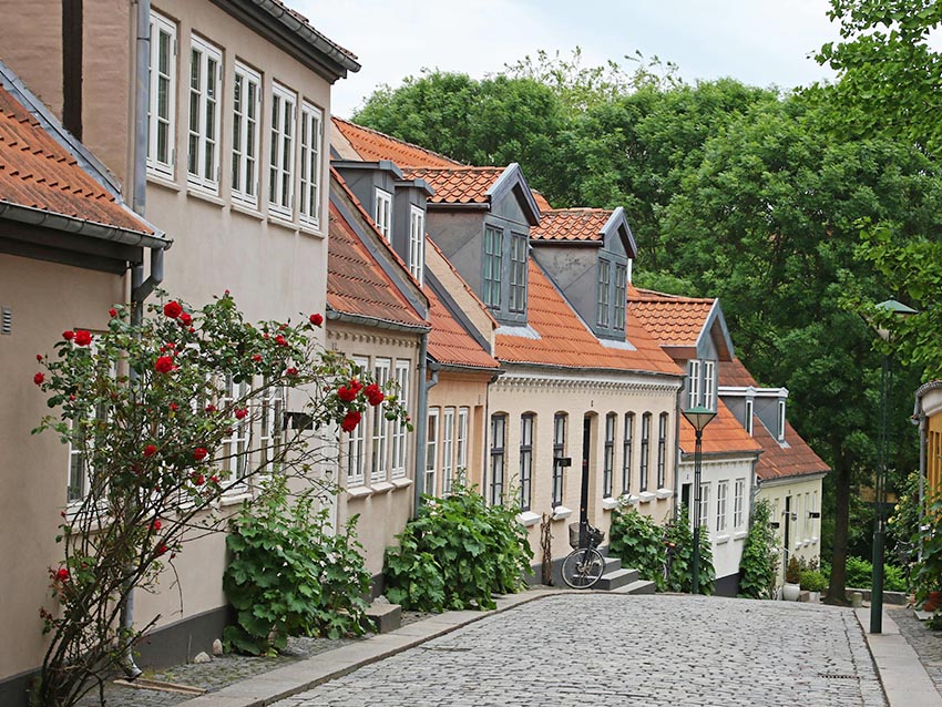 Odense, Denmark. Brick street with house and trees., 